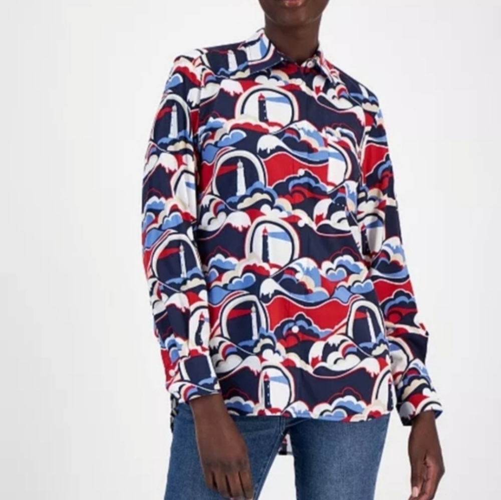 NWT Nautica Jeans Women’s Lighthouse Print High-Low Hem Button-Down Shirt L